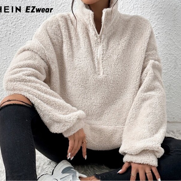 SHEIN EZwear Half Zip Pocket Drop Shoulder Teddy, Sweatshirt - Picture 2 of 9